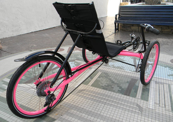  - The TerraTrike Rambler has a higher seat height than most trikes and is very adjustable. Here it is shown with the seat stays (that adjust the angle) in their middle position.