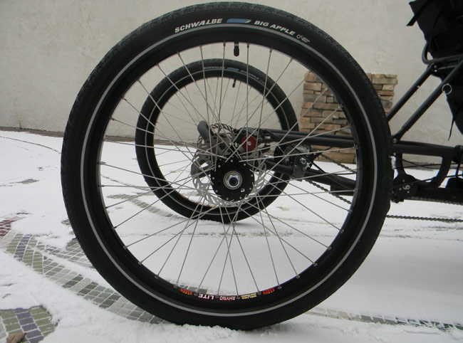  - On the rear there are Schwalbe Big Apple 24 x 2.35 tires on hand-built Rhyno Lite XL wheels.
