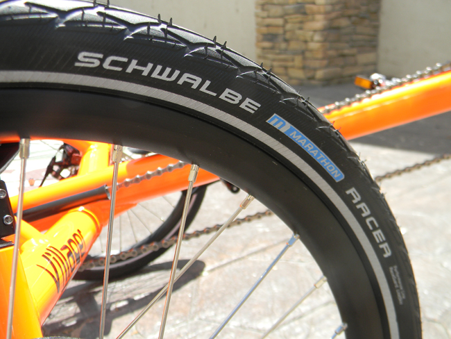 Schwalbe Marathon Tires - Schwalbe Marathon Tires are a must for this trike. The Marathons have a Kevlar lining for puncture resistance and an sweet tread pattern.<BR>