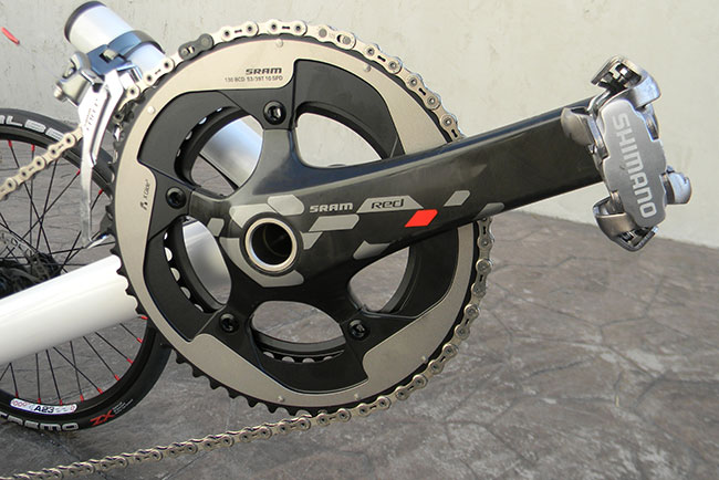  - We chose a SRAM Red 53/39 double crankset to give us the desired gear range. This crankset is incredibly lightweight. It is paired with the SRAM Force road derailleur.