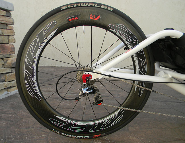  - The rear wheel is a ZIPP 808 carbon fiber wheel with bladed spokes and a PowerTap G3C hub. The rubber is a Schwalbe Ultremo ZX.