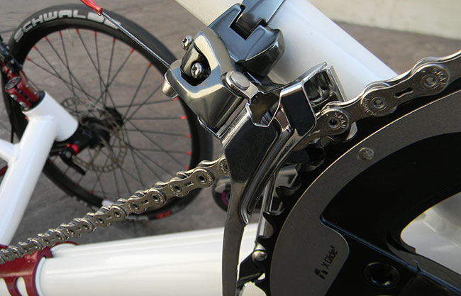  - The SRAM Force derailleur was used in the front because there is no compatible Red derailleur that will work with the Catrike derailleur post. The shifting is so perfect that it matches the precision of the rear derailleur.