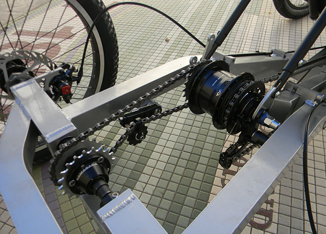  - Our Kwod attachment system allows for a wide range of middrive gearing. Basic derrailleur/cassette, internally geared hubs, and even electric hubs can all be used.