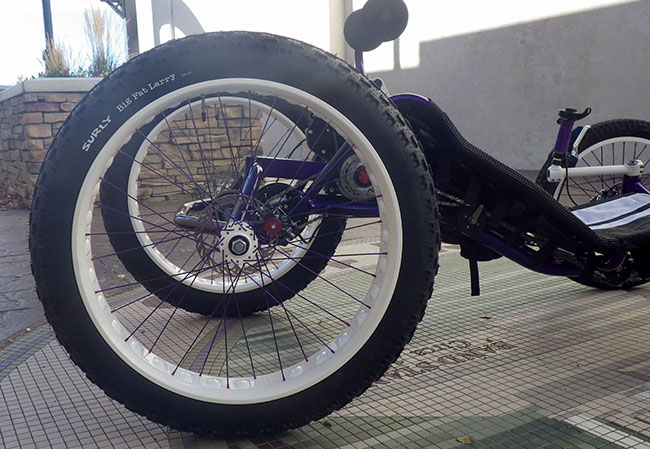  - The Clown Shoe rims and hub were painted Pearl White, while the spokes are Candy Purple. The nipples are anodized purple.