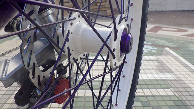  - The front wheels use an oversized rim and custom Velocity hubs powder coated Pearl White with Candy Purple spokes and axle trim.