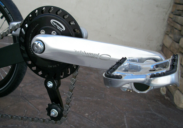 Schlumpf High Speed Drive - Mike decided to upgrade his front cranks to a Schlumpf High Speed Drive to give him insane gear range. We created a custom chain tensioner to make it compatible with the Nuvinci rear hub.
