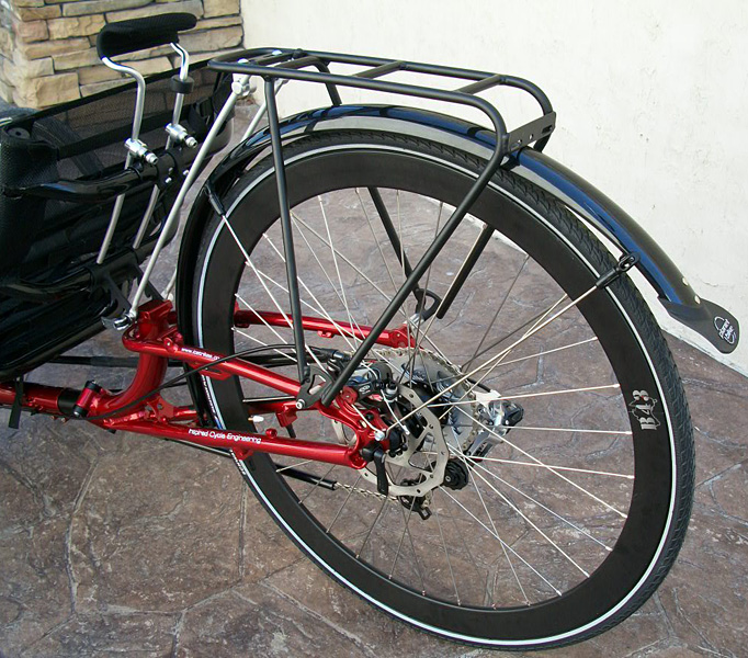 Rear Wheel - The owner wanted a custom 700c wheel on his trike. He also wanted cargo capabilities, so he added a rear rack.