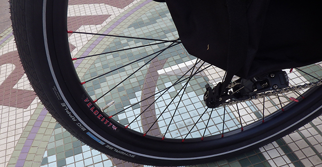  - The rear wheel features the Velocity Blunt 35 29er rim and the Schwalbe Big Apple tire.
