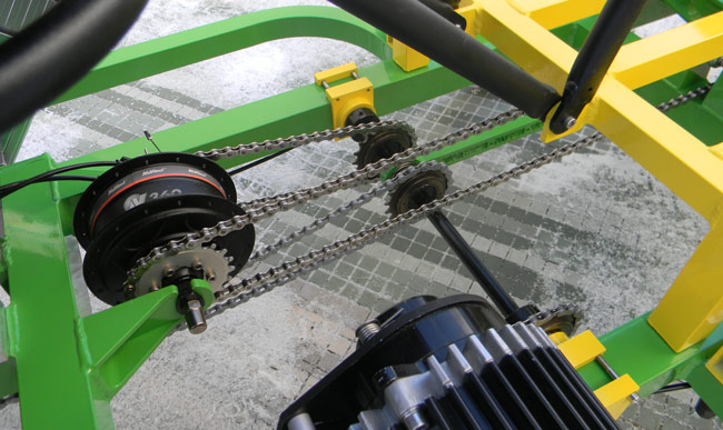  - The heart of the drivetrain is the jackshaft which ties everything together. Chains from the EcoSpeed motor, the pedals, and the Nuvinci transmission are all connected via freewheels so that each operated independantly.