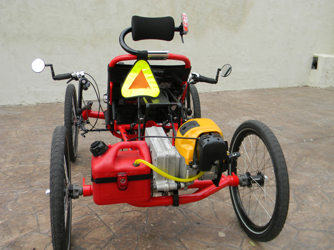 Safety Features - The same safety features are on this trike as it's companion<BR>-Cateye EL-340 Head Light<BR>-Cateye 5 LED Tail lights<BR>-Planet Bike Super Flash LED Light<BR>-Aardvark Reflective Yield symbol<BR>-Mircylce Mirrors