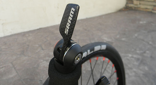  - The SRAM TT900 carbon fiber shifters are ultra precise and lightweight.