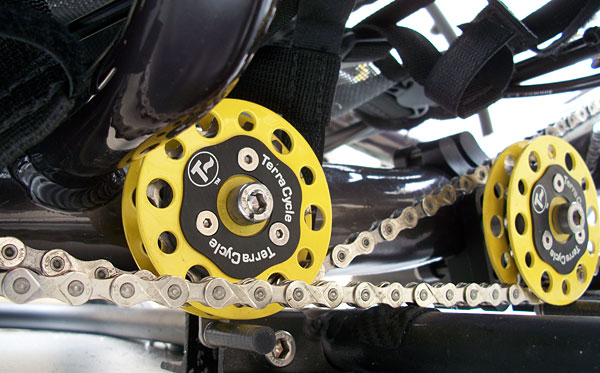 Custom Chainline - We eliminated all the chain tubing by using a TerraCycle Adjustable Idler Clamp to move the front idler into position. And, you will notice that we are using two sprocketed power idlers here. With all internal hub gears and the chainline under tension we felt that was the most appropriate way to go.