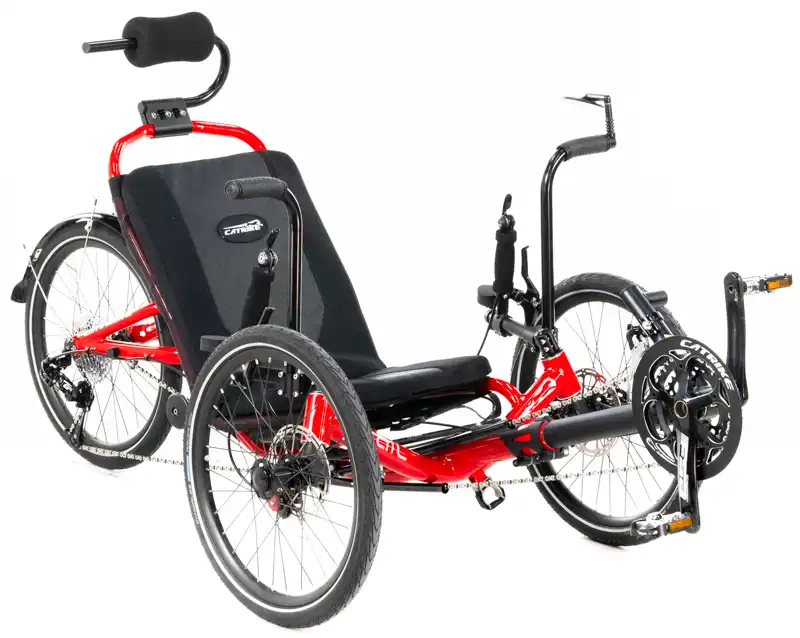 Lava Red Catrike Trail with UTCustom EZ Entry Aids and UTCustom Headrest